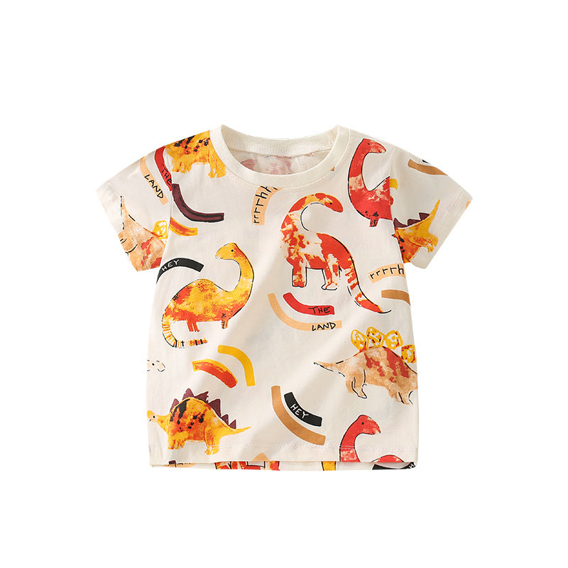 Girls’ Cartoon Orange Dinosaur Pattern Short Sleeves T-Shirt In European And American Style For Summer-0