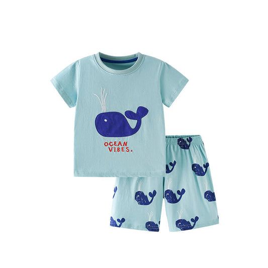Summer Baby Kids Whales Cartoon Pattern T-shirt and Shorts Clothing Set for Boys-0
