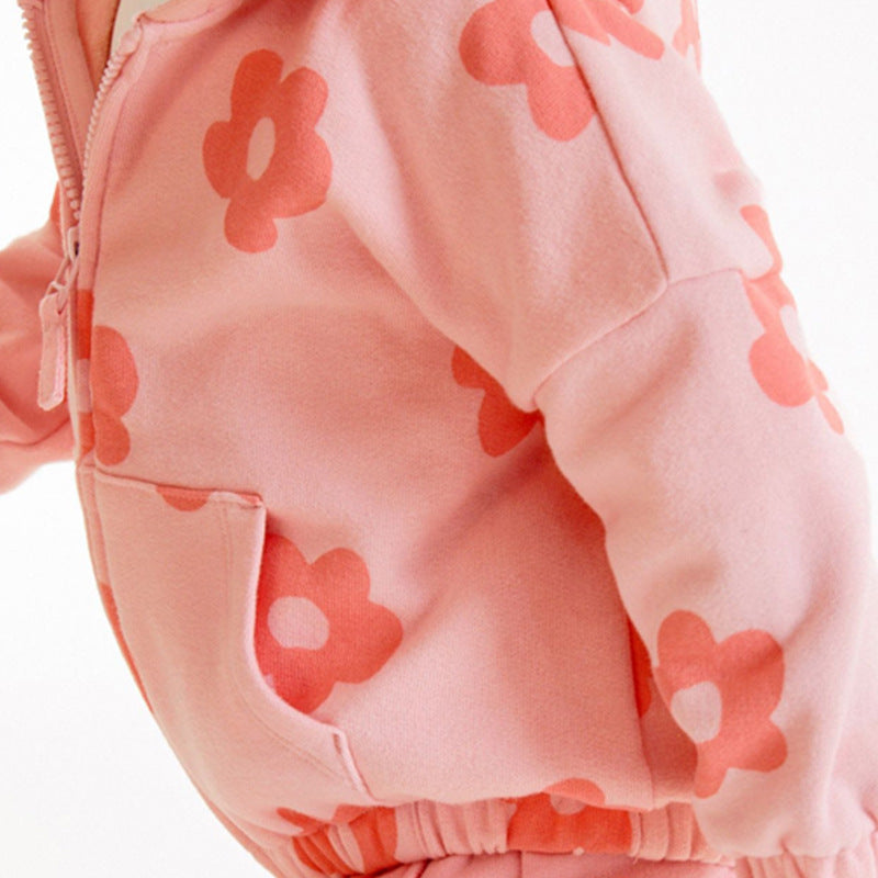Baby Girl All Over Flower Graphic Zipper Hoodie Coat & Trousers 2 Pieces Sets-4
