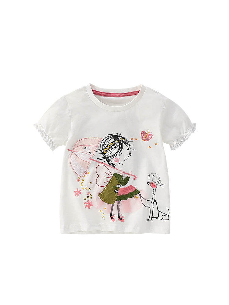 Summer Girls’ Cartoon and Flowers Pattern T-shirt in European and American Style-4