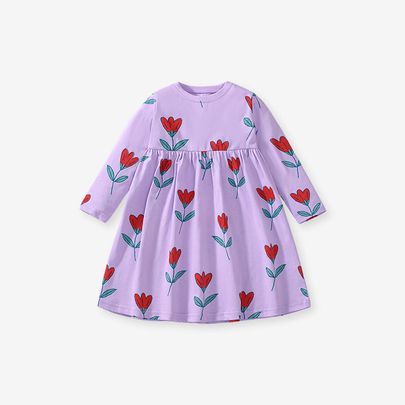 Autumn New Arrival Girls’ Flowers Pattern Crew Neck Long Sleeves Purple Dress-0