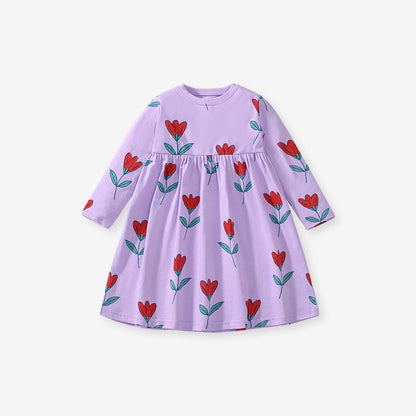 Autumn New Arrival Girls’ Flowers Pattern Crew Neck Long Sleeves Purple Dress-0