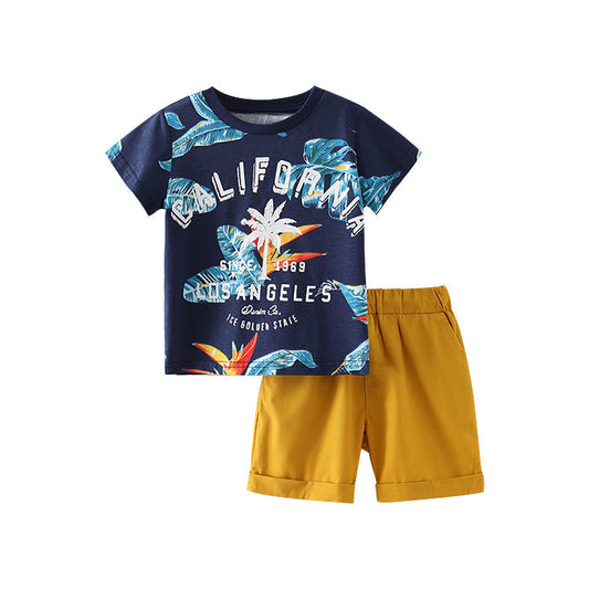 Summer Baby Kids Cool Leaves and Letters Pattern T-shirt and Shorts Clothing Set for Boys-0