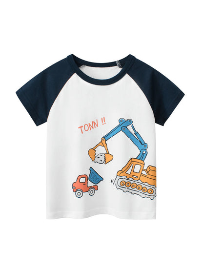 Boys’ Cartoon Excavator And Truck Print T-Shirt In European And American Style-5