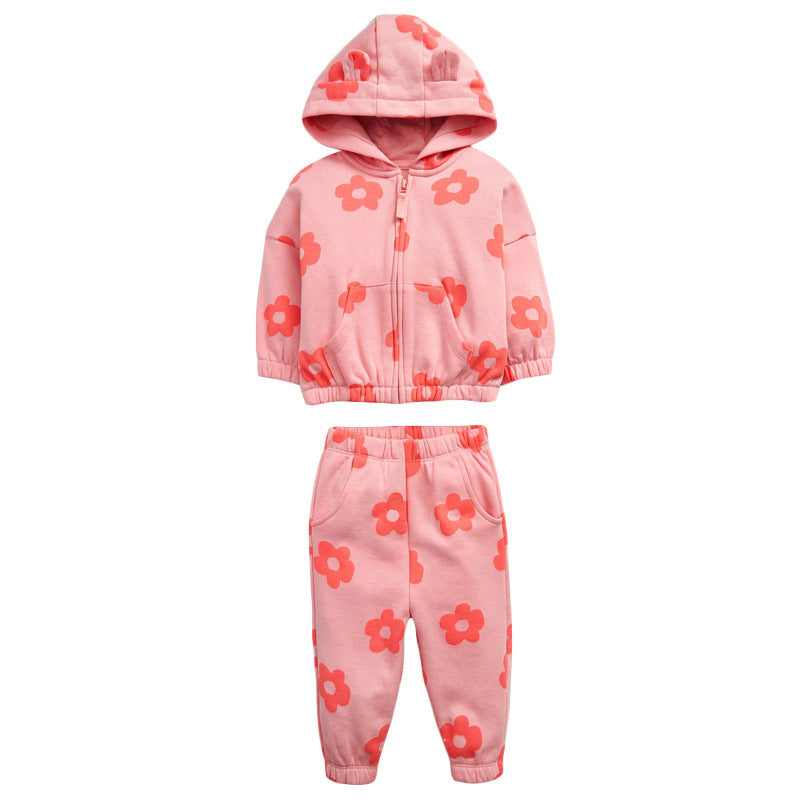 Baby Girl All Over Flower Graphic Zipper Hoodie Coat & Trousers 2 Pieces Sets-0