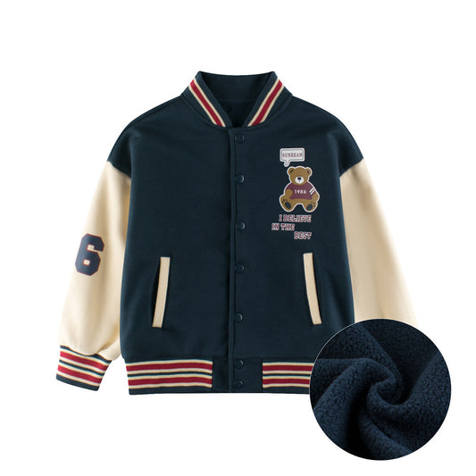 Boys and Girls Teddy Bear and Letters Printed Contrast Design Color Patchwork Single Breasted Striped Baseball Coat-0