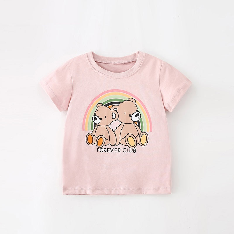 Girls’ Cartoon Teddy Bear Pattern Short Sleeves T-Shirt In European And American Style For Summer-0