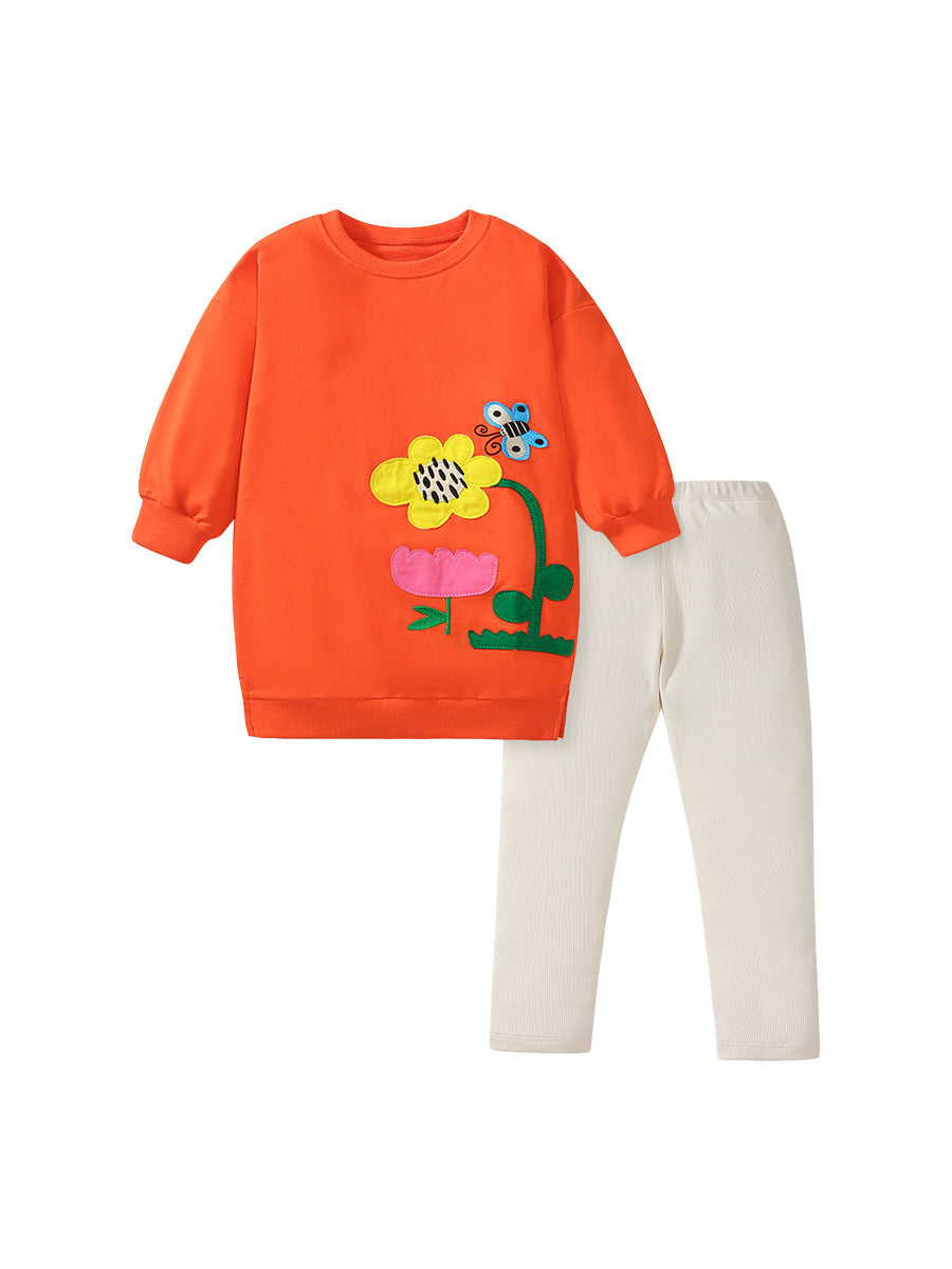 Spring And Autumn Girls Flower, Bee Pattern Top Sweatshirt And Solid Color Pants-0