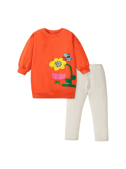 Spring And Autumn Girls Flower, Bee Pattern Top Sweatshirt And Solid Color Pants-0