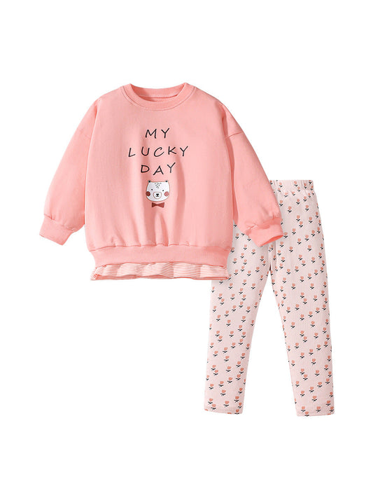 Spring And Autumn Girls Cute Cartoon Print Long Sleeves Top T-Shirt And Floral Pants Clothing Set-0