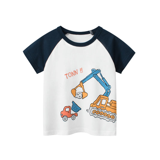 Boys’ Cartoon Excavator And Truck Print T-Shirt In European And American Style-0