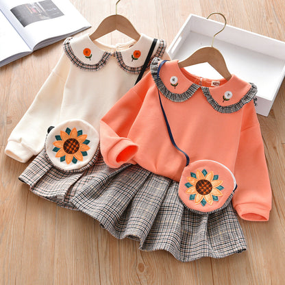 Baby Girl Floral Patches Doll Neck Pullover Hoodie Combo Pleated Skirt Sweet Vintage Style Sets-0