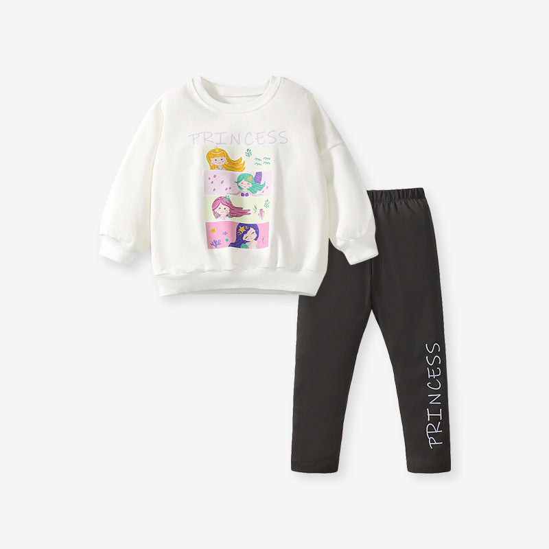 Spring And Autumn Girls Cute Cartoon Princess Print Long Sleeves Top Sweatshirt And Pants Clothing Set-0
