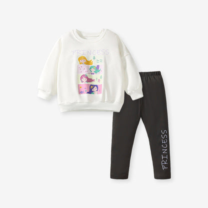 Spring And Autumn Girls Cute Cartoon Princess Print Long Sleeves Top Sweatshirt And Pants Clothing Set-0