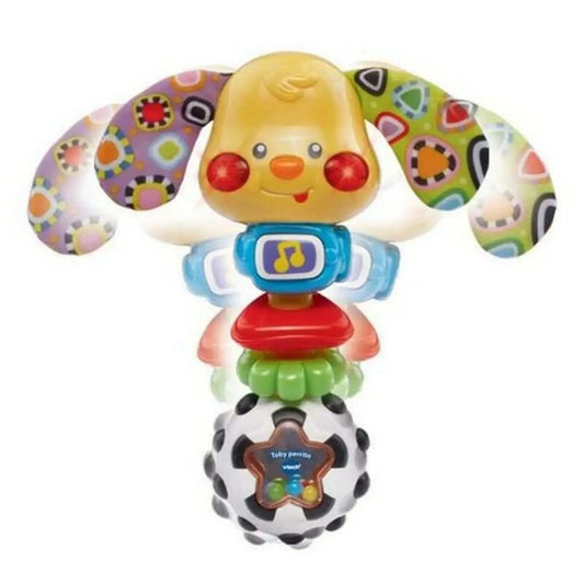 Gelbes kuschelwelpe spielzeug rassel puppy toby vtech mit gemusterten ohren buntenringen und sternförmiger basis