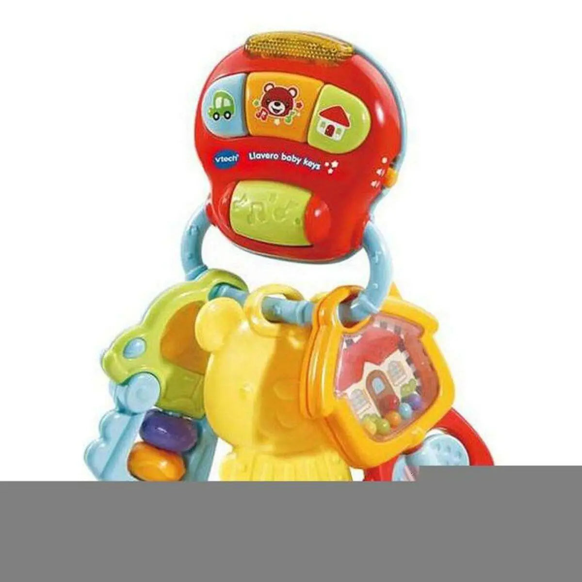 Rassel vtech baby keys llavero spielzeug mit roten grünen gelben blauen plastikteilen und tier hausmotiven