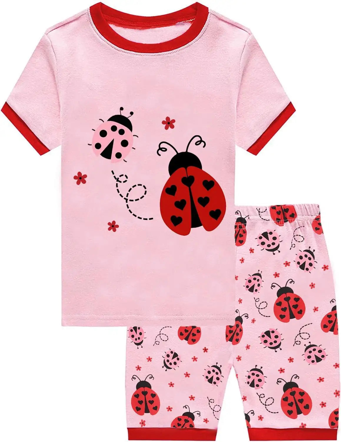 Rosa Kinder-Pyjama-Set mit rotem Besatz und Marienkäfer-Drucken.