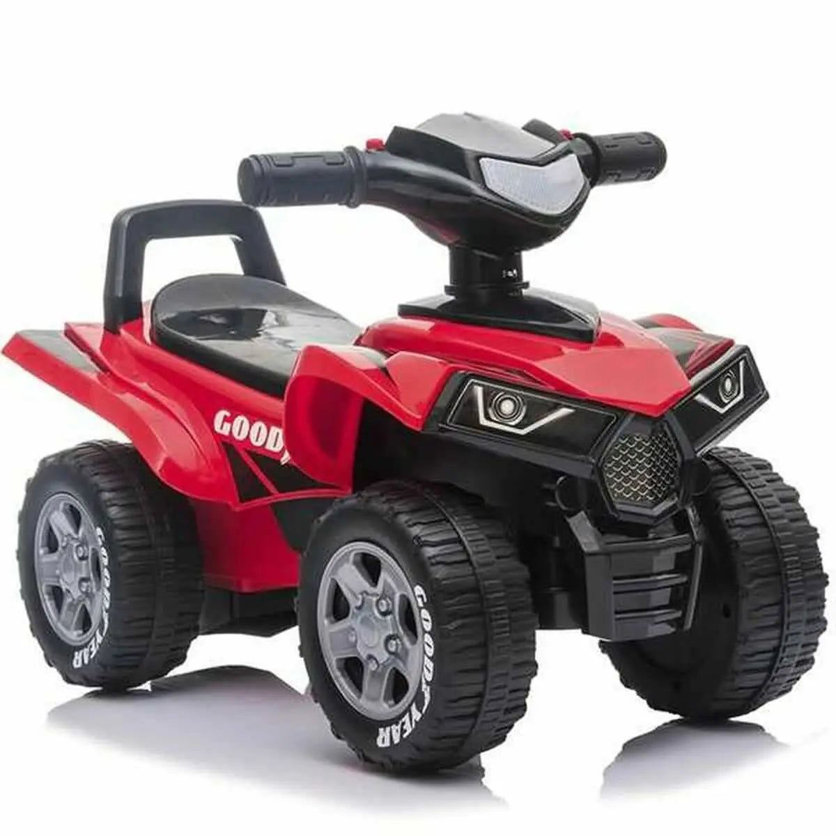 Rotes und schwarzes goodyear kinders elektrisches atv mit robusten reifen und modernem design von hinten gesehen