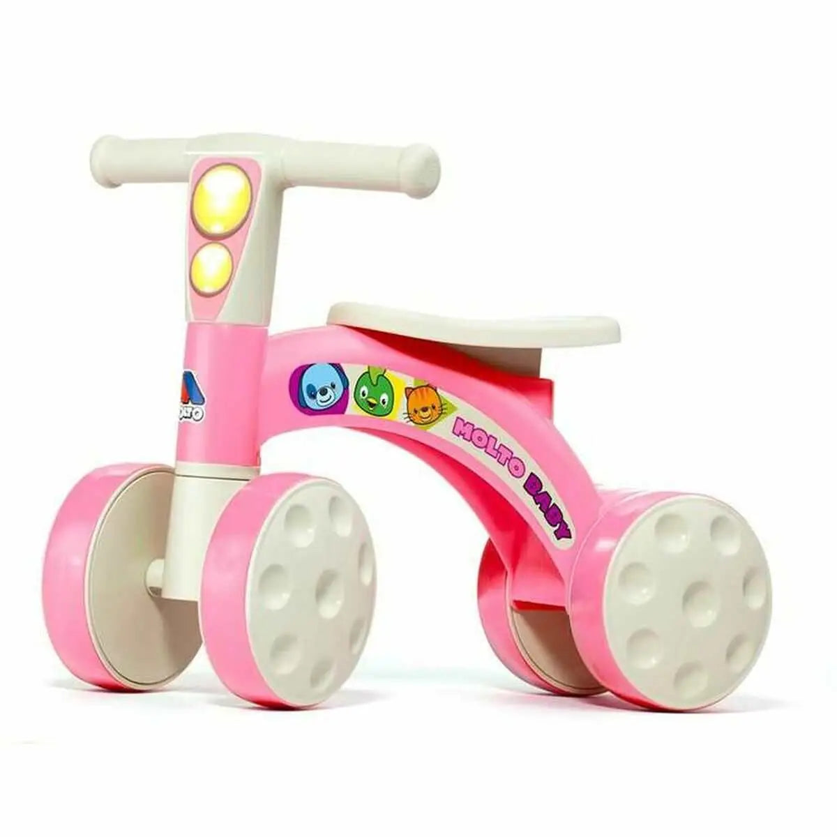 Pink und cremefarbener molto baby laufrad mit bunten cartoonfiguren auf dem rahmen rutschauto molto 21210