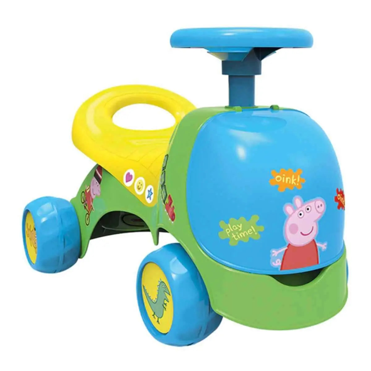 Bunter Peppa Pig rutschauto in blau und grün mit gelbem lenker für kinder ab 10 monaten