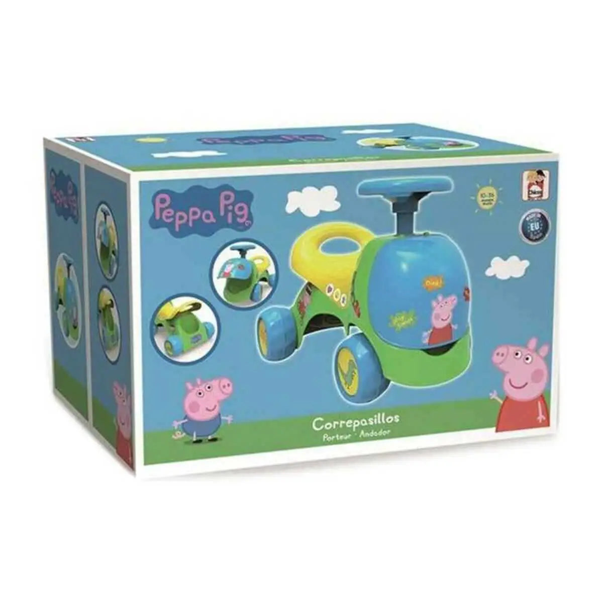 Rutschauto peppa pig bunt blau-grün mit gelben lenkstangen für kinder ab 10 monaten