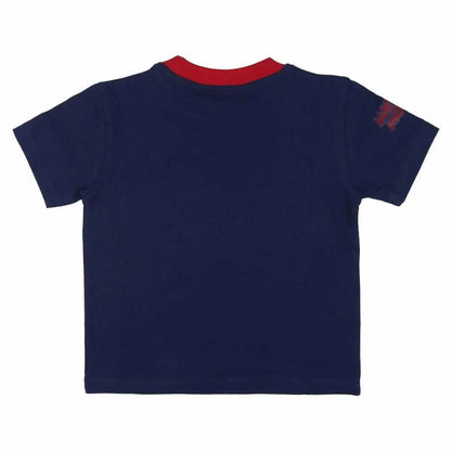 Navyblaues kurzarmshirt mit rotem rippenkragen und rotem logo patch am linken ärmel für kinder schlafanzug mickey mouse rot