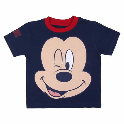 Navyblaues kinderschlafshirt mit rotem kragen und ärmelrand und großem zwinkerndem mickey mouse gesichtprint