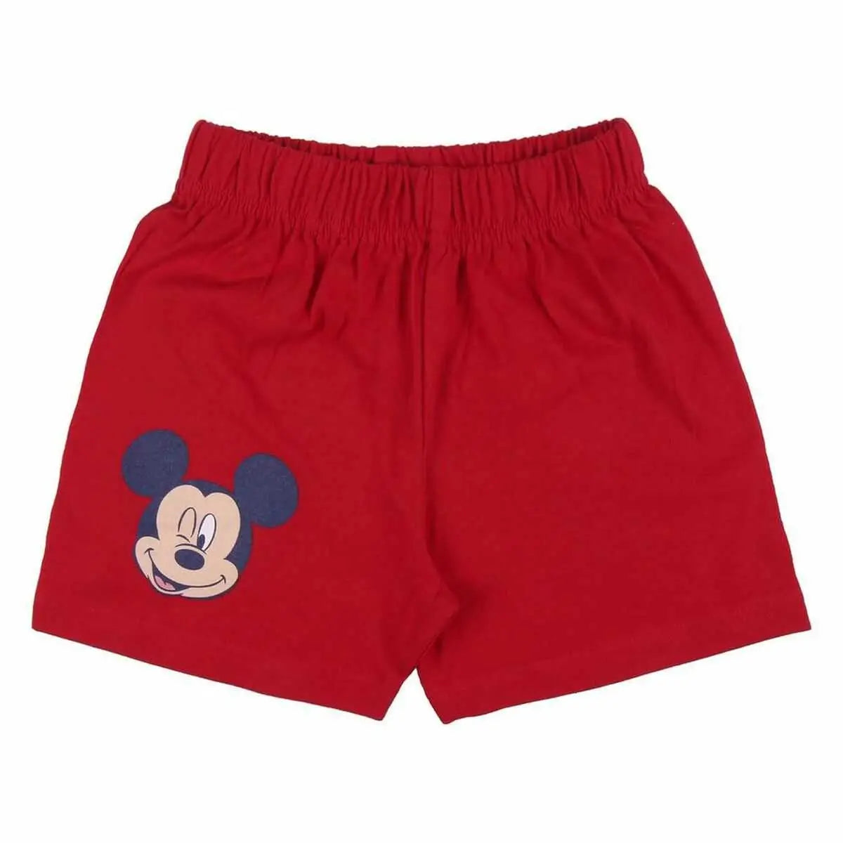 Rote kinder schlafanzughose mit elastischem bund und micky-maus aufdruck am linken bein