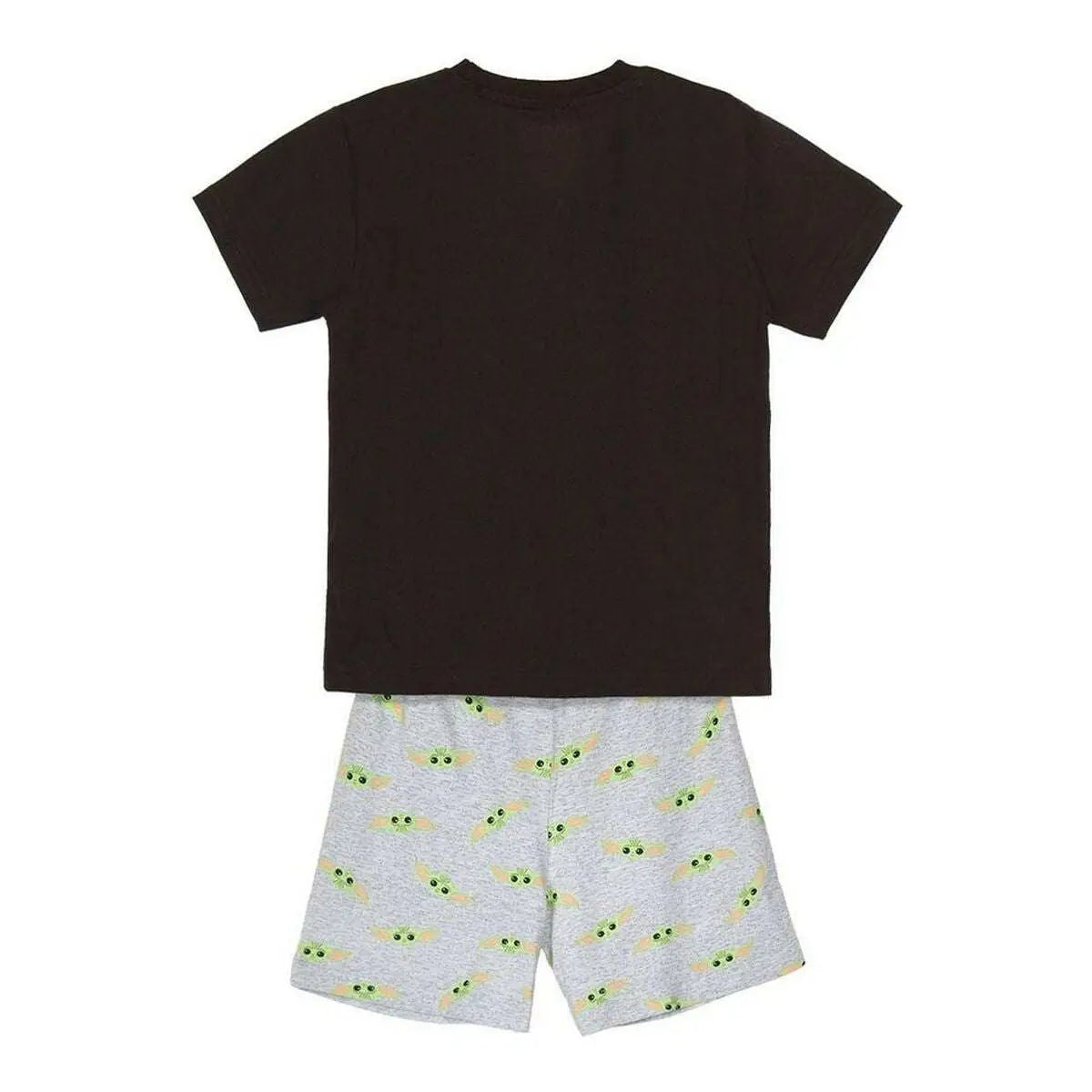 Schlafanzug für kinder mandalorian braun mit schwarzem kurzarmshirt und hellgrauer short mit baby yoda mustern