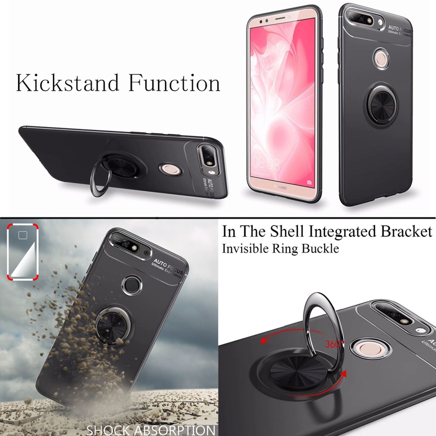 NALIA Ringhülle für Huawei Y7 (2018) – Ring-Ständer 360° & für Magnet-Halter – GRIP360 (Mattiertes Silikon Case) – Marke aus Berlin
