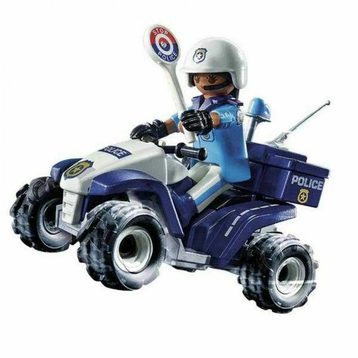 Blauer und weißer playmobil polizist auf vierrad mit stop polizei schild aus spielset fahrzeuge speed quad city action 71092 polizei
