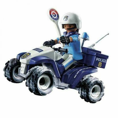 Blauer und weißer playmobil polizist auf vierrad mit stop polizei schild aus spielset fahrzeuge speed quad city action 71092 polizei