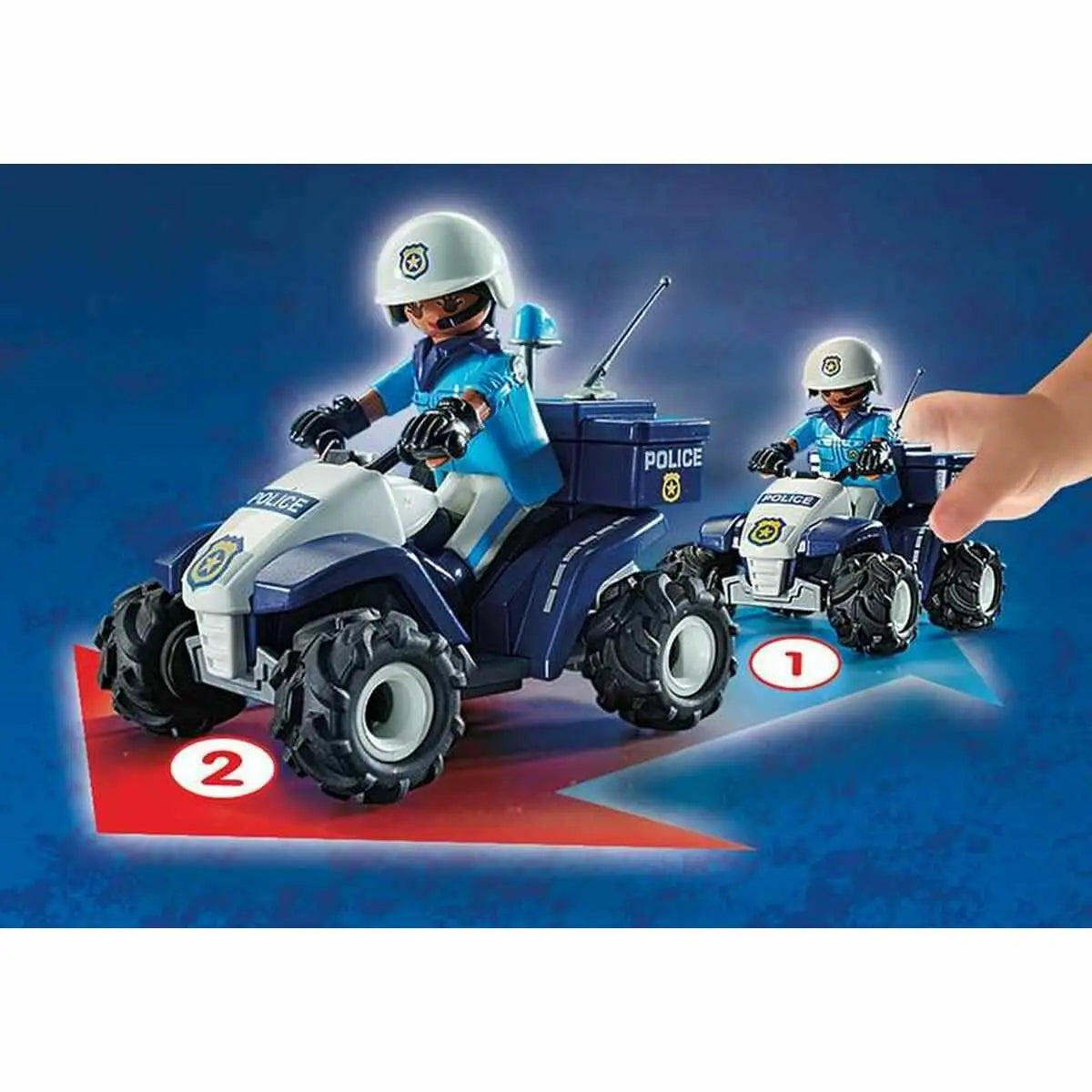 Blau weißes playmobil polizei speed quad city action atv mit schwarzen reifen und polizei crate hinten aus set 71092