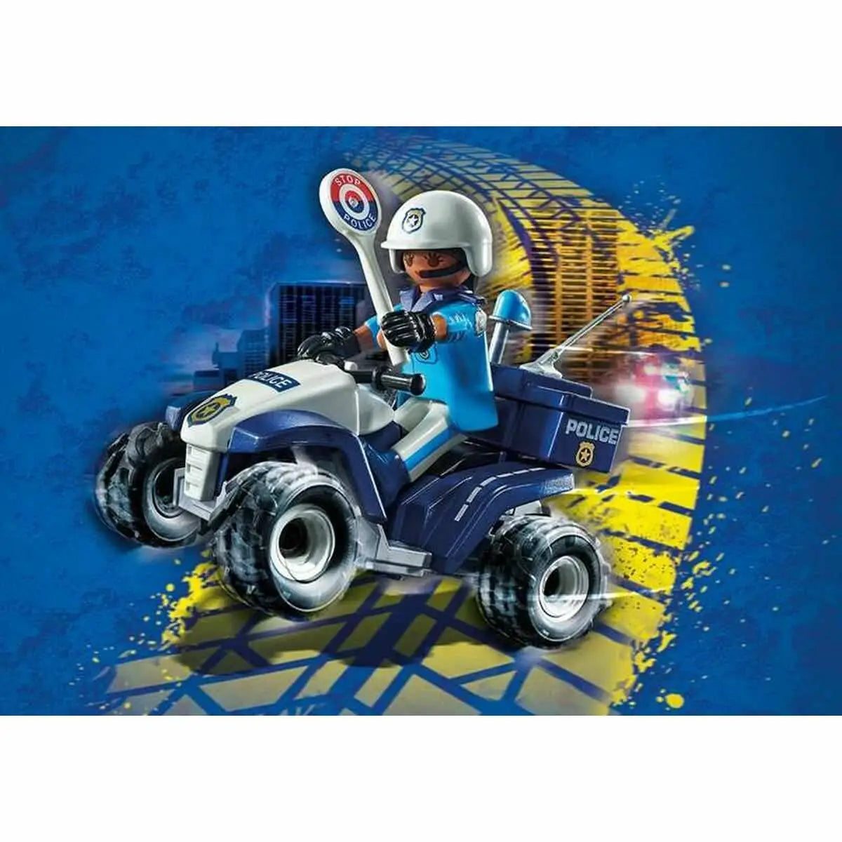 Blau weißes playmobil polizei atv mit fahrer der stoppschild hält spielset fahrzeuge speed quad city action 71092 polizei 21 teilig