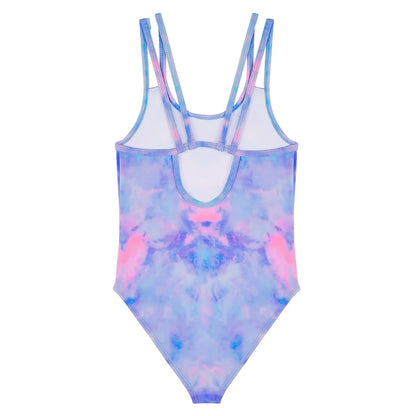 Tizax einteiliger mädchen badeanzug mit irisierendem tie dye muster in blau lila und rosa uv schutz 50+