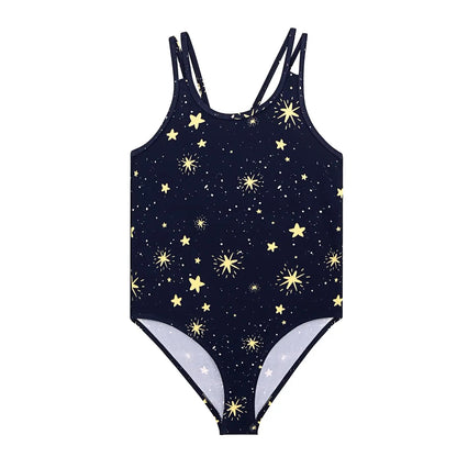 Navyblauer tizax einteiliger kinderbadeanzug mit goldenen sternen und hellgrauem beinabschluss für sommerurlaub