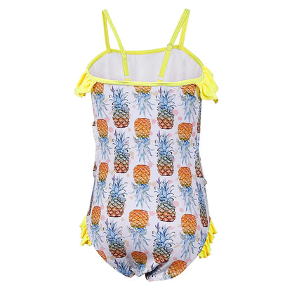Bunter gelb-weißer einteiliger TIZAX badeanzug für mädchen mit ananasprint und rüschen für sommerurlaub