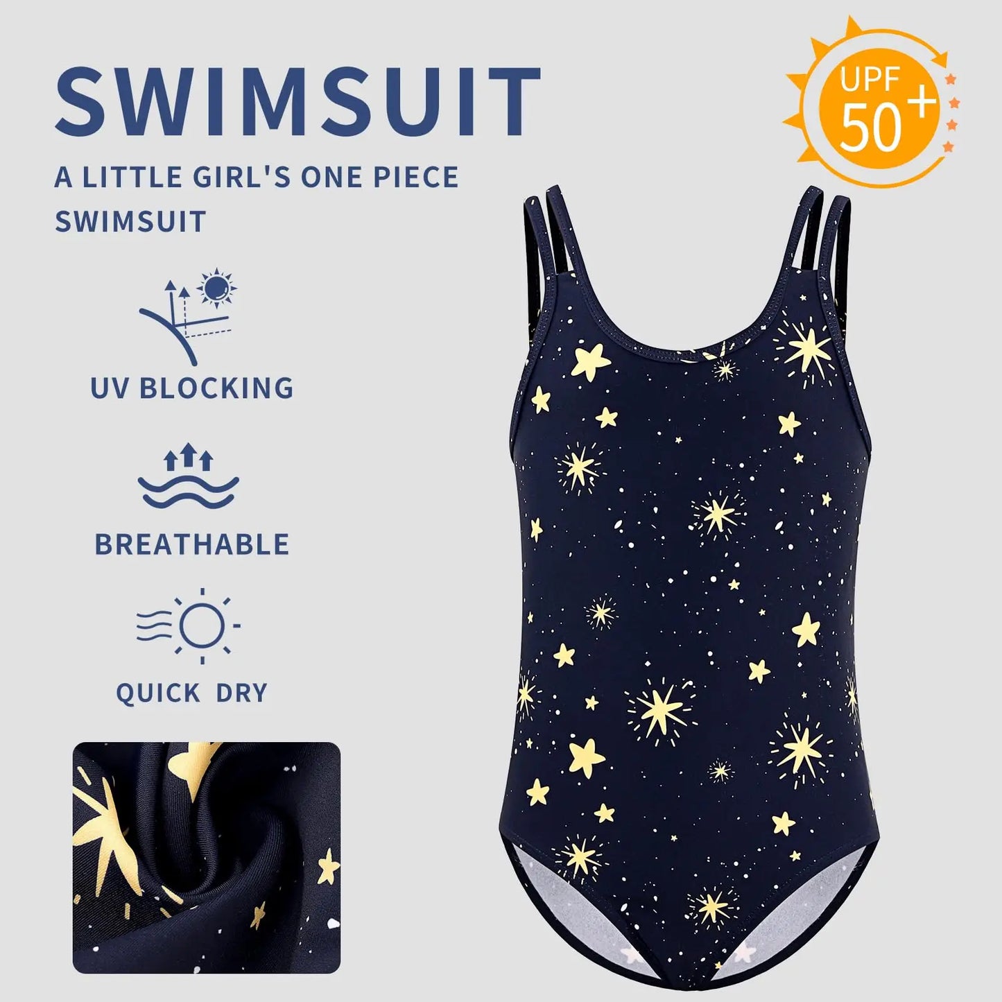 Tizax navy blauer einteiliger badeanzug für mädchen mit golden weißen sternen schnell trocknend upf 50+
