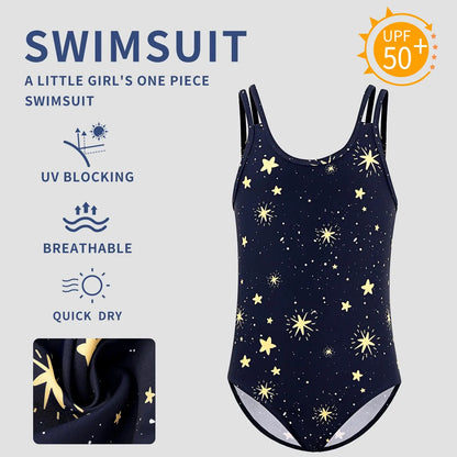 Tizax navy blauer einteiliger badeanzug für mädchen mit golden weißen sternen schnell trocknend upf 50+