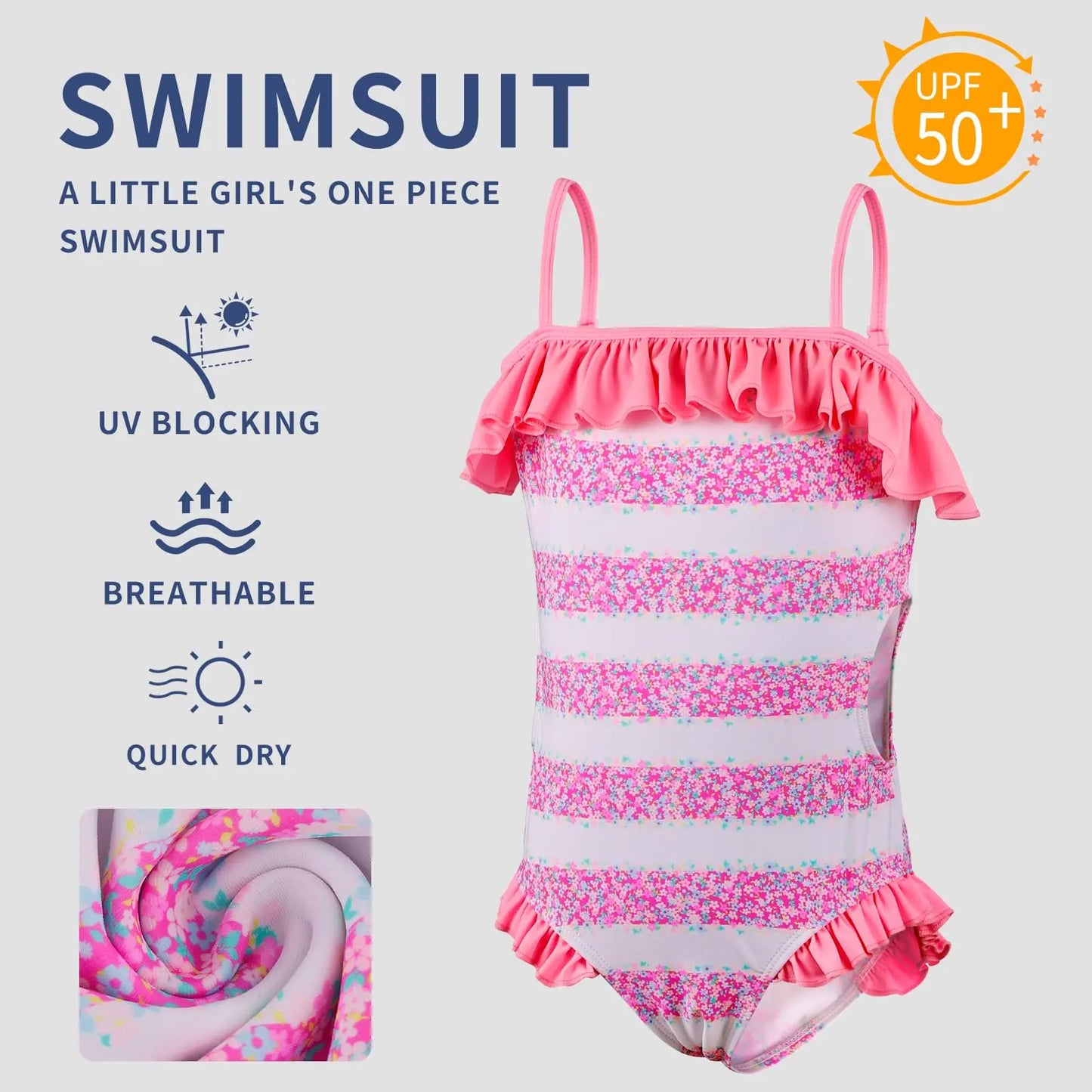 Ein rosa-weiß gestreifter einteiliger badeanzug für mädchen mit rüschen und UPF 50+ für sommerurlaub und strand