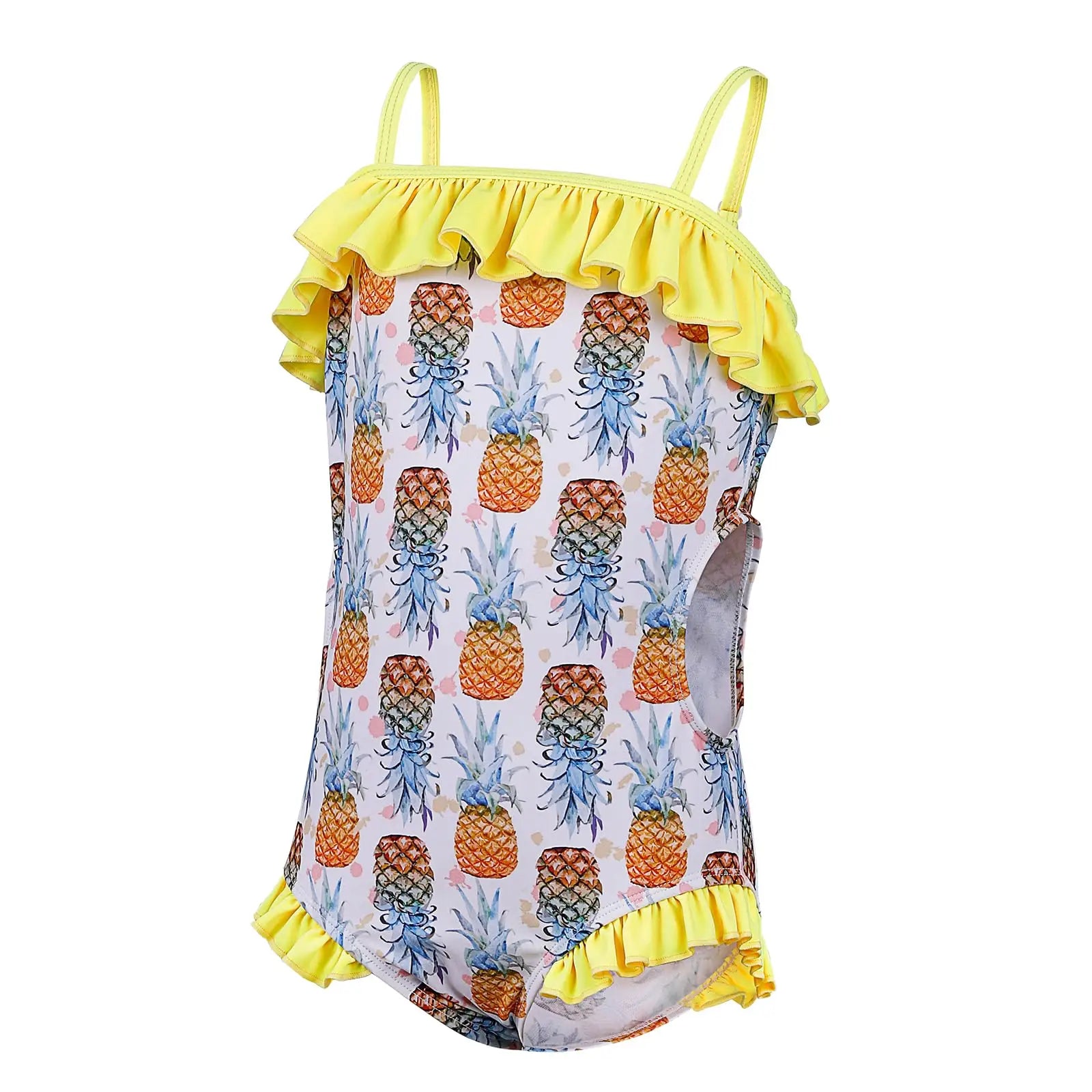 Gelber rüschiger einteiliger badeanzug für mädchen mit ananasprint in orange und blau auf weißem grund