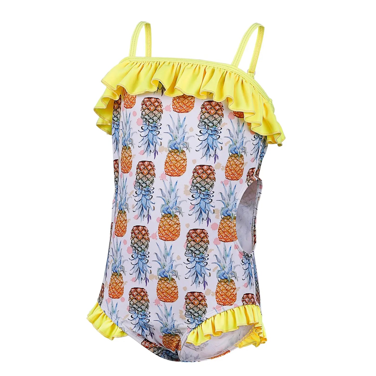 Gelber rüschiger one-piece badeanzug für mädchen mit ananasprint in orange und blau auf weißem grund, upf 50+