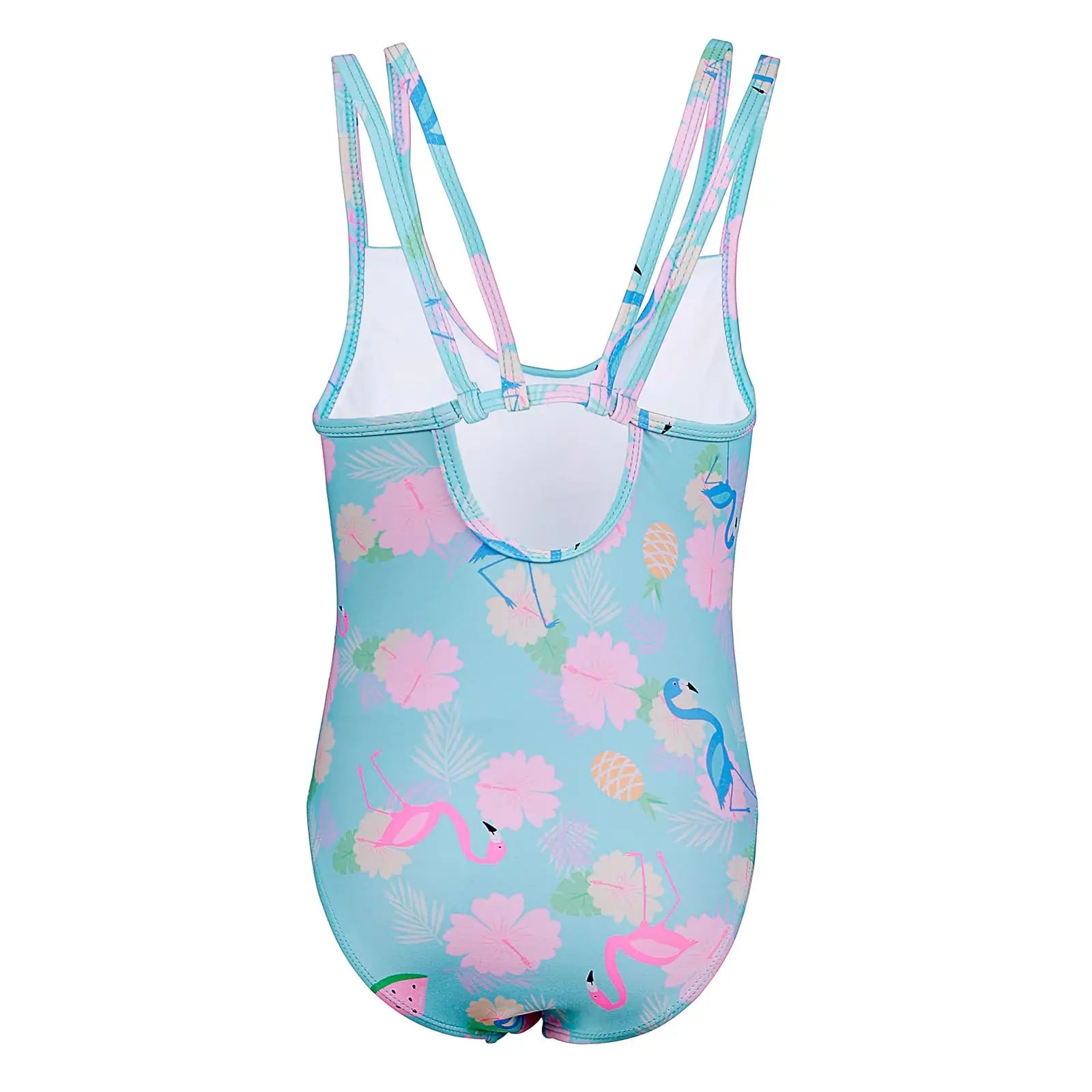 Tizax einteiliger badeanzug für mädchen in hellblau mit tropischem flamingo und ananas print aus stretchstoff mit upf 50+
