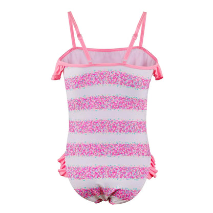 Tizax einteiliger badeanzug für mädchen in rosa weiß gestreift mit floralen glitzermustern und rüschen für kinder