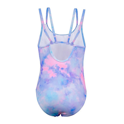 Ein schimmernder irideszenter einteiliger badeanzug für mädchen mit pastell tie-dye muster in pink blau und lila