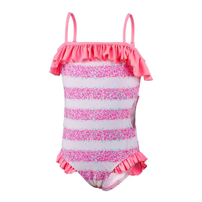 Tizax einteiliger mädchen badeanzug mit rosa weißen streifen floralem glitzer und rüschen für sommerurlaub