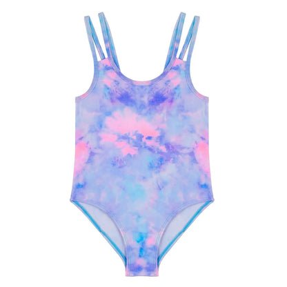 Tizax einteiliger badeanzug für mädchen mit vibrantem pink-blau-lila batikmuster und dünnen trägern für strand und sommerurlaub
