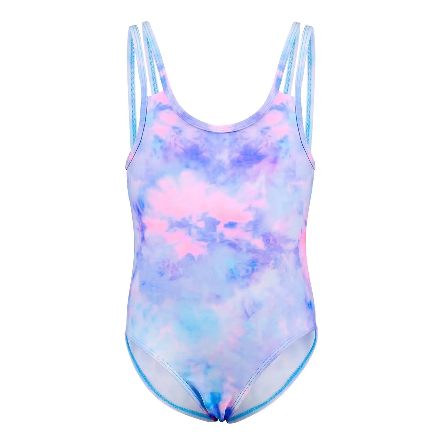 Tizax einteiliger badeanzug für mädchen mit pastell tie-dye in rosa blau und lavendel, dünne doppelte träger, schnell trocknendes material und upf 50+ schutz