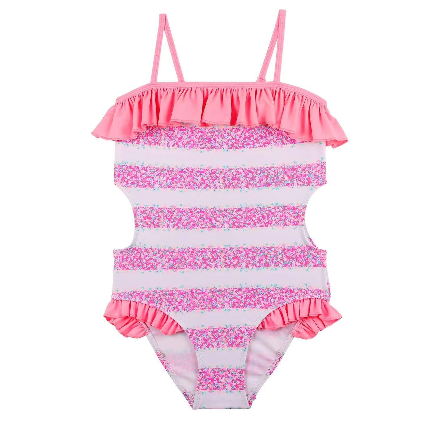Tizax einteiliger mädchenschwimmanzug in pink mit floral gestreiften mustern und rüschenträgern und saum