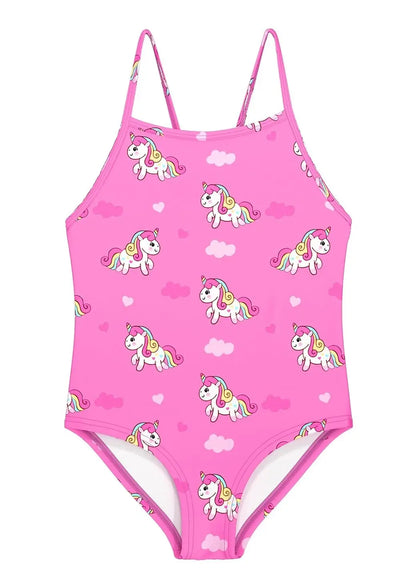 Rosa einteiler badeanzug für mädchen von weVSwe mit ärmellosem design und niedlichen einhorn-und wolkenmotiven
